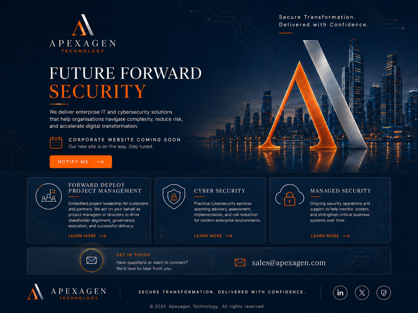 Apexagen temporary corporate landing page for IT, cybersecurity, managed security and project management services